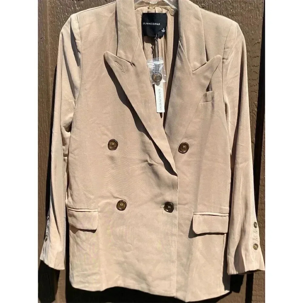 Olivaceous Women's Double-Breasted Blazer Beige Size S Formal Long Sleeve